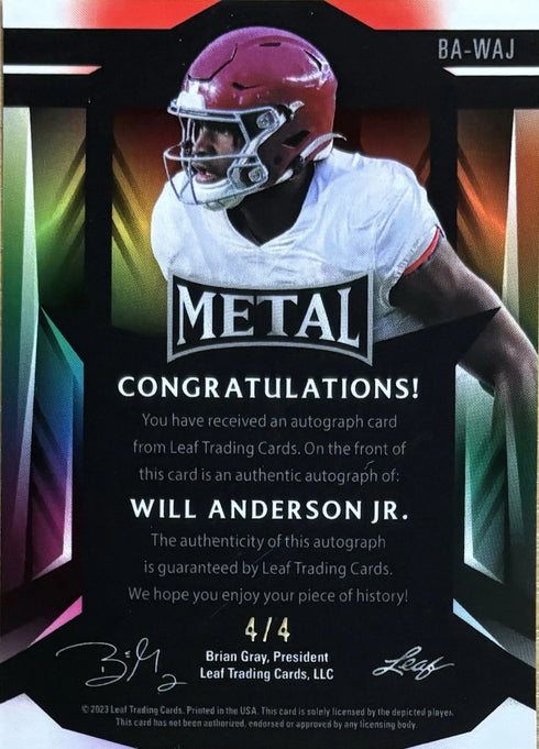 2023 Leaf Metal Will Anderson Jr Houston Texans Pink Rookie Auto 4/4 #BA-WAJ