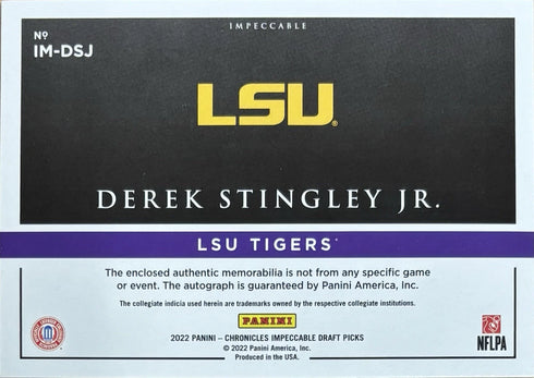 2022 Chronicles Impeccable Derek Stingley Jr LSU Tigers Rookie Auto /25 #IM-DSJ