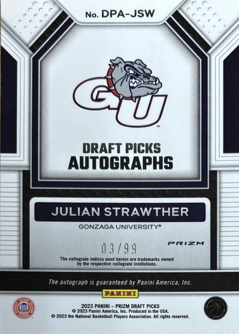 2023 Draft Picks Julian Strawther Gonzaga DP Autographs Cracked Ice /99 #DPA-JSw