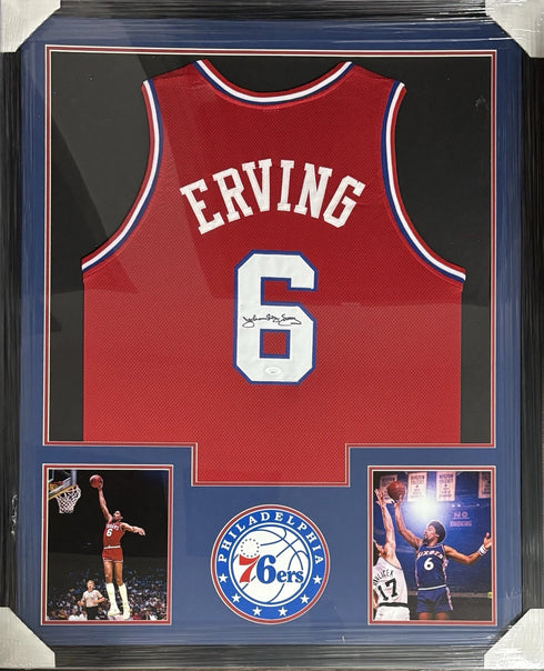 Philadelphia 76ers Julius Erving Signed Framed Red Jersey JSA