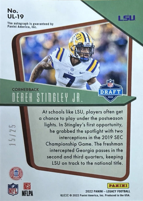 2025 Legacy Derek Stingley Jr LSU Tigers Under The Lights Auto Rookie /25 #UL-19