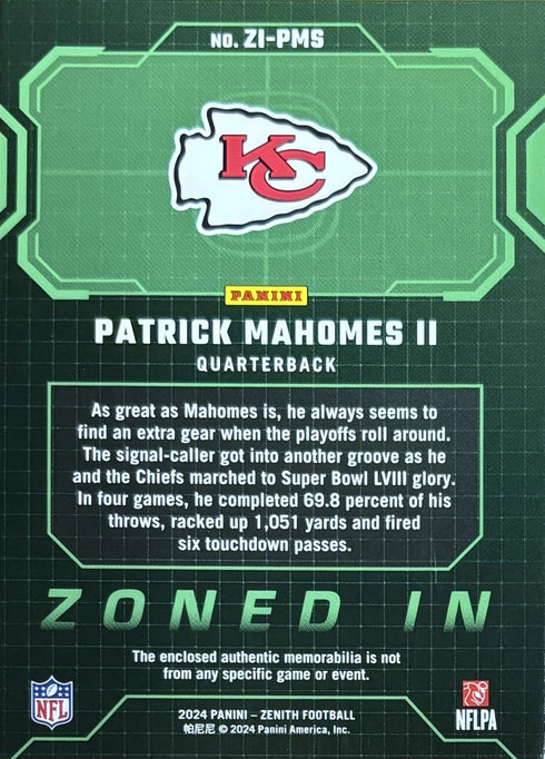 2024 Zenith Patrick Mahomes Kansas City Chiefs Zoned In Patch #ZI-PMS