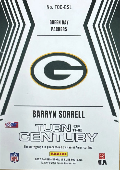 2025 Donruss Barry Sorrel Green Bay Packers Turn Of The Century Auto Rc #TOC-BSL