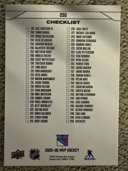 2025-26 Upper Deck MVP Gabe Perreault ROOKIES Checklist Gold Script Rangers #250