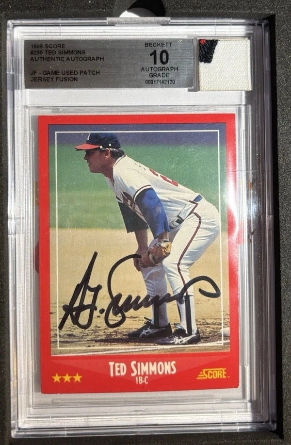 1988 Score #285 Ted Simmons Autographed + Game Used Patch Graded 10 Beckett