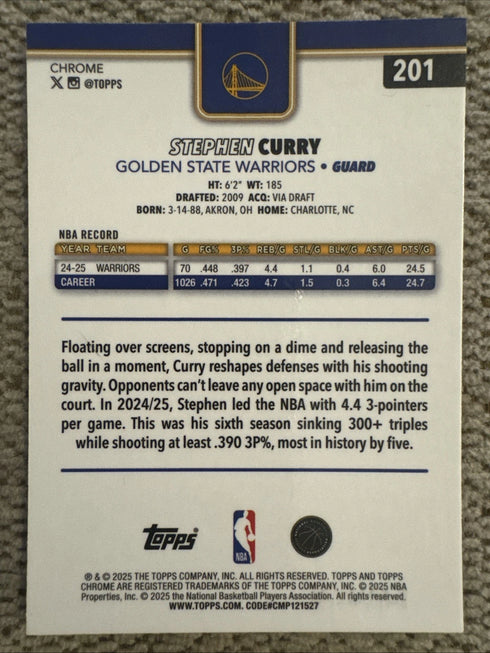 2025-26 Topps Chrome Stephen Curry Ray Wave Refractor Parallel #201