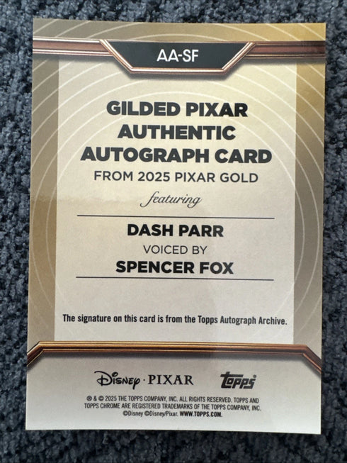 Topps 2025 Pixar Gold Gilded Dash Parr Autograph AA-SF Spencer Fox /99
