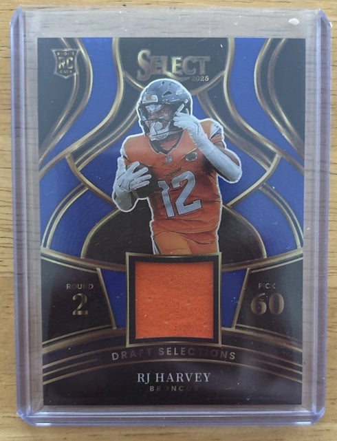 2025 Panini Select Draft Selections Blue Prizm Patch RJ Harvey RC Broncos