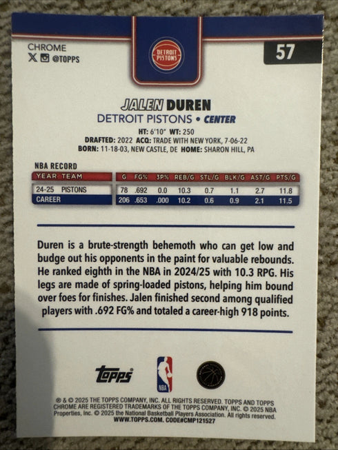 Topps 2025-26 Chrome Jalen Duren #57 Orange Refractor Detroit Pistons NBA