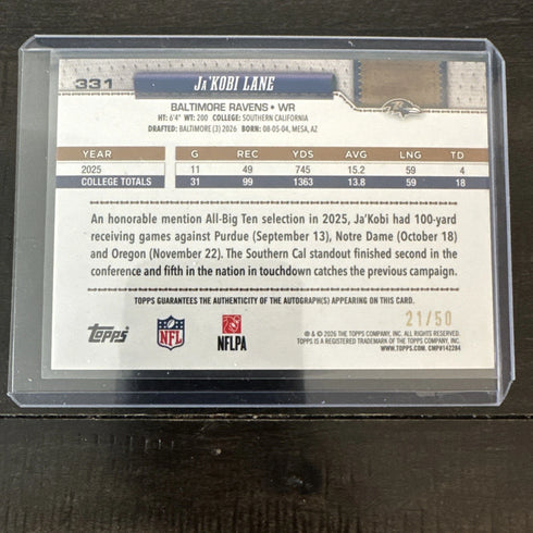 Topps 2026 Ja'Kobi Lane RC Auto Baltimore Ravens #331 number match /50