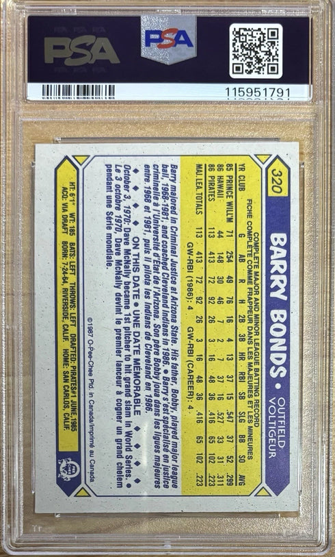 1987 O-Pee-Chee Barry Bonds Pittsburgh Pirates Rookie #320 PSA 7
