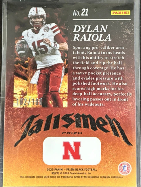 2025 Panini Prizm Black Dylan Raiola Talismen Blue Prizm /199 Nebraska