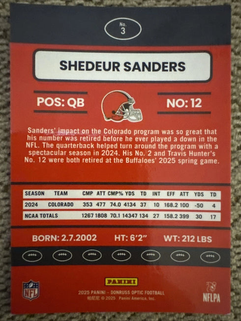 2025 Panini Donruss Optic Shedeur Sanders Rookie Insert #3 Browns 2015 Retro NFL
