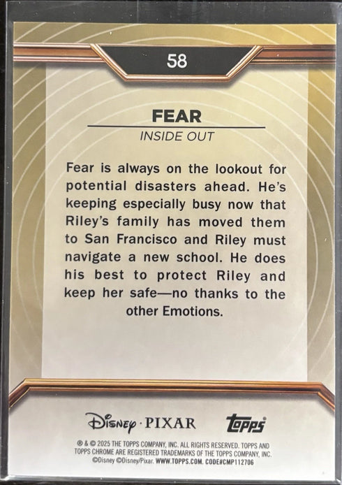 FEAR INSIDE OUT 2025 TOPPS CHROME DISNEY PIXAR GOLD #58