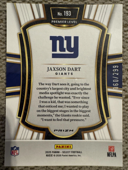 2025 Select Jaxon Dart (RC) Tri-Color Wave Prizm #193 /299 NY GIANTS!
