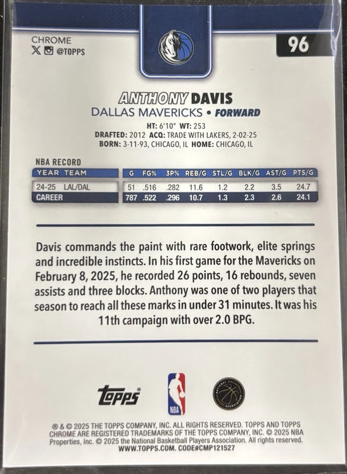 2025 Topps Chrome Anthony Davis Aqua Basketball /199 Mavericks