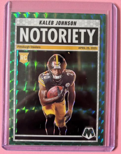 2025 Panini Mosaic Notoriety Kaleb Johnson RC Green Mosaic Prizm Steelers Rookie