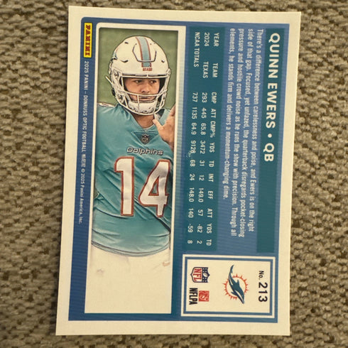 2025 Optic Quinn Ewers 213 Miami Dolphins Football Card 3Q