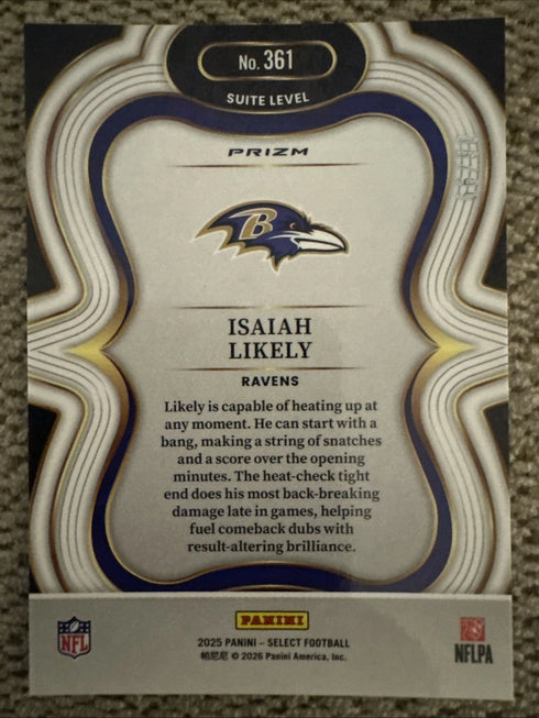 ISAIAH LIKELY 2025 SELECT SUITE LEVEL BLUE PRIZM RAVENS /99 Q4274. #361