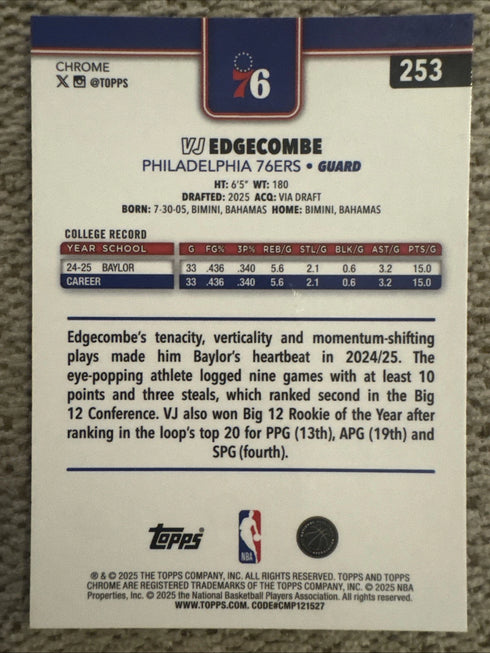 Topps Chrome 2025-26 VJ Edgecombe Rookie #253 Orange basketball print parallel