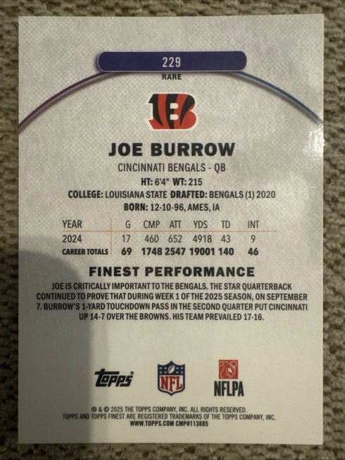 2025 Topps Finest Joe Burrow Orange Refractor Rare Color & # Match /15 #229