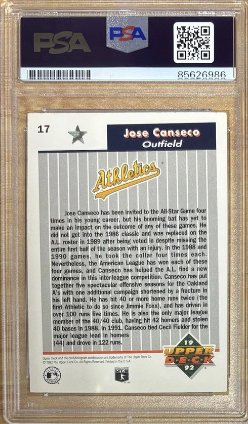 1989 Upper Deck Jose Canseco Oakland Athletics AS Hereos #17 PSA Authentic Auto