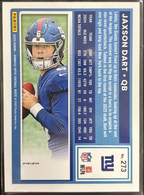 2025 Panini Donruss Optic - Rated Rookie Jaxson Dart #273 Holo Prizm (RC) Giants