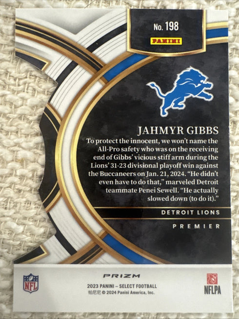 2023 Select Jahmyr Gibbs RC Red and Yellow Prizm Die Cut Premier Level #198