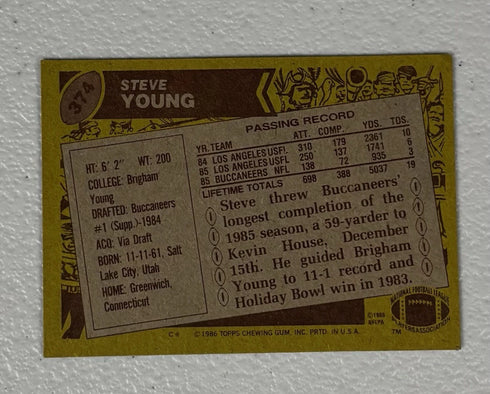 1986 Topps Steve Young Tampa Bay Buccaneers Rookie #374