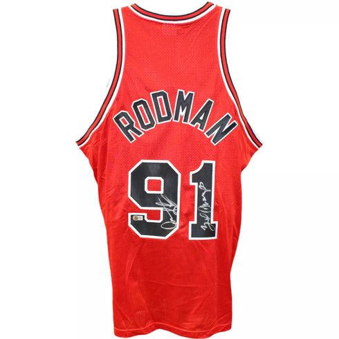 Dennis Rodman Autographed/Signed Pro Style Red XL Jersey 3x Champs Beckett