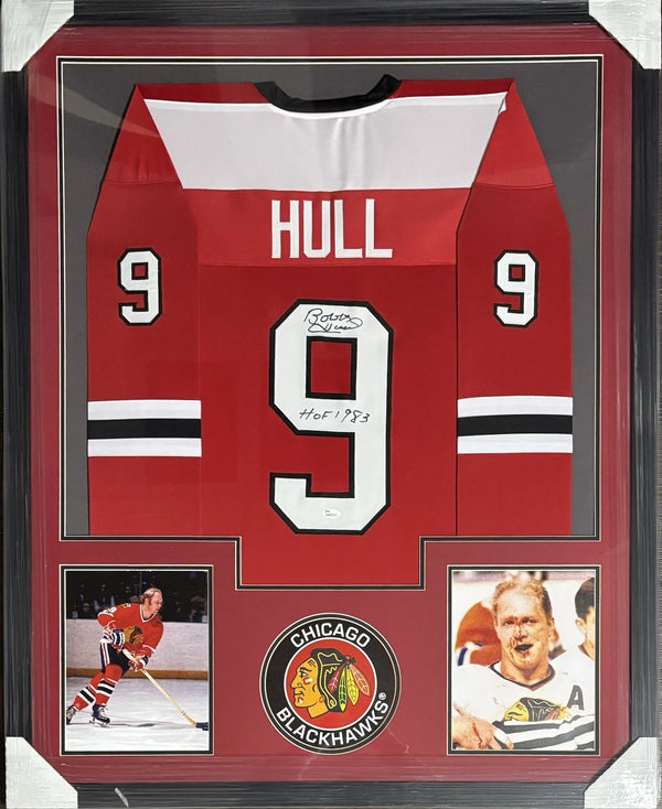 Chicago Blackhawks Bobby Hull Signed Framed Red Jersey HOF 1983 With JSA