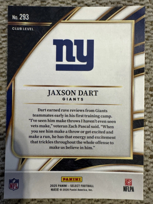2025 Panini Select - Rookie Jaxson Dart Club Level Base (RC) #293 Giants