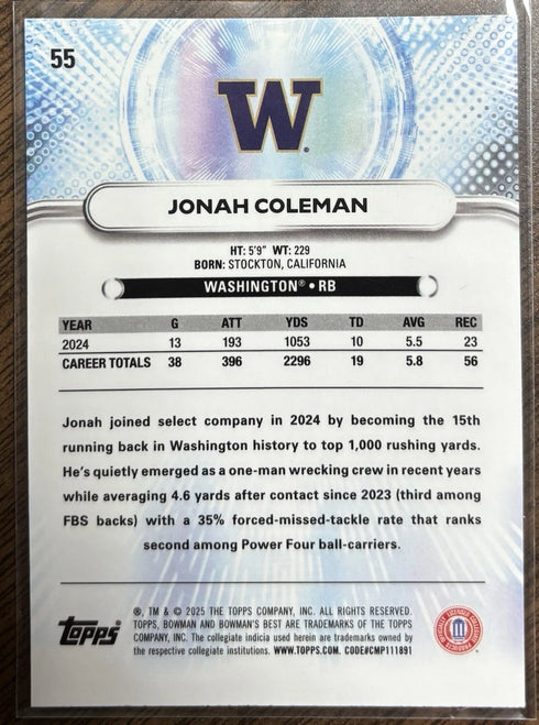 2025 Bowman's Best University - Jonah Coleman #55 Pink Lava Refractor /175 (RC)