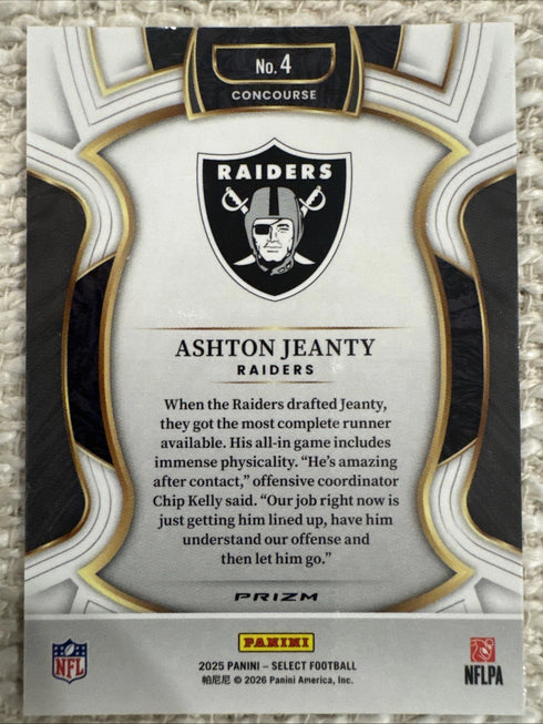 Ashton Jeanty 2025 Panini Select Silver Prizm RC #4 Las Vegas Raiders