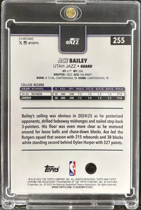 2025 Topps Chrome Ace Bailey Base Refractor Jazz