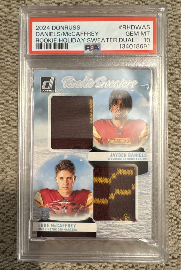 2024 Panini Donruss - RC Holiday Sweaters Luke McCaffrey #RHS-LMC MEM, RC PSA 10
