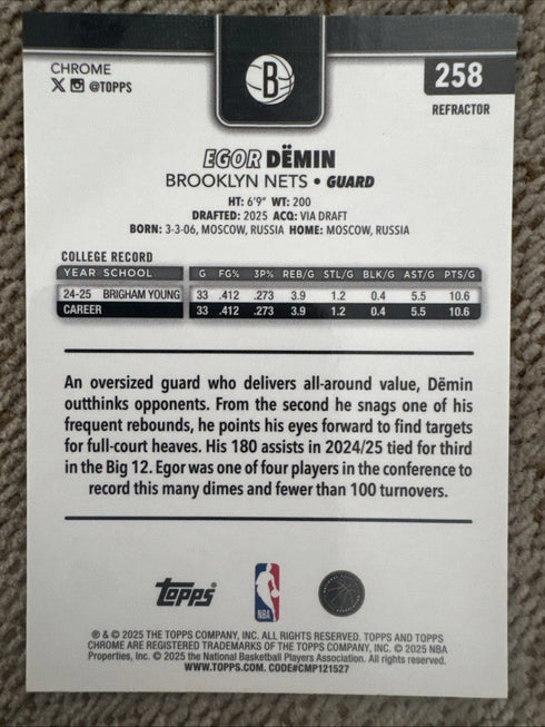 Topps 2025-26 Chrome Egor Demin Rookie #258 Brooklyn Nets Basketball Card