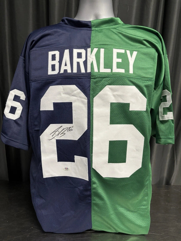 Philadelphia Eagles Penn State Saquon Barkley Signed Split Jersey PSA