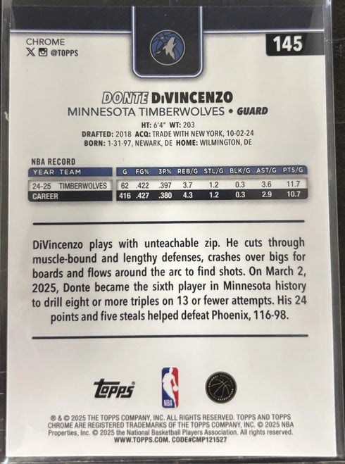 2025 Topps Chrome Donte Divincenzo Purple Basketball /75 Timberwolves