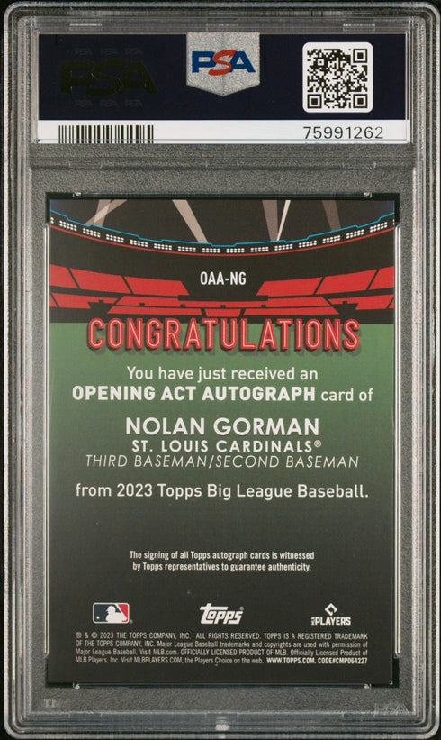 2023 Topps Big League Baseball Nolan Gorman RC Opening Act Auto PSA 9 Cardinals