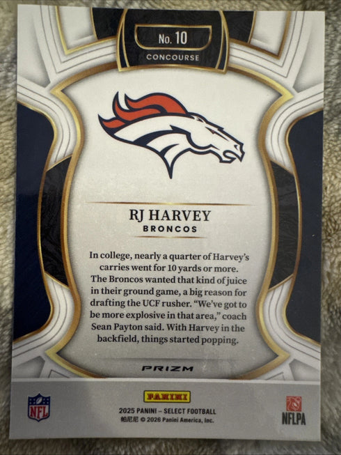 2025 Panini Select Prizm Concourse RJ Harvey #10 Denver Broncos NFL Card