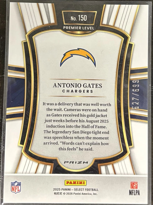 2025 Panini Select Antonio Gates Premier Level #150 Neon Green /699 Chargers