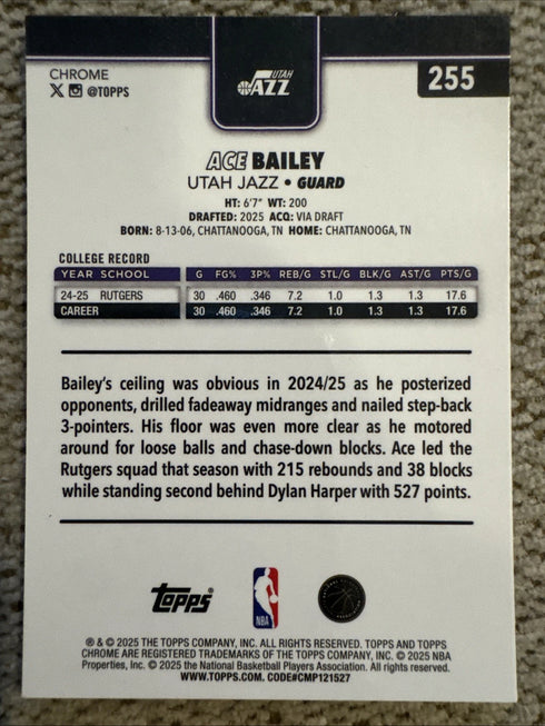Topps Chrome 2025 Ace Bailey Rookie #255 Utah Jazz