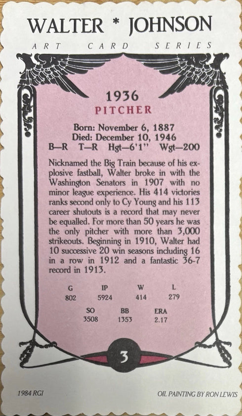 Walter Johnson 1984 Art Card Series