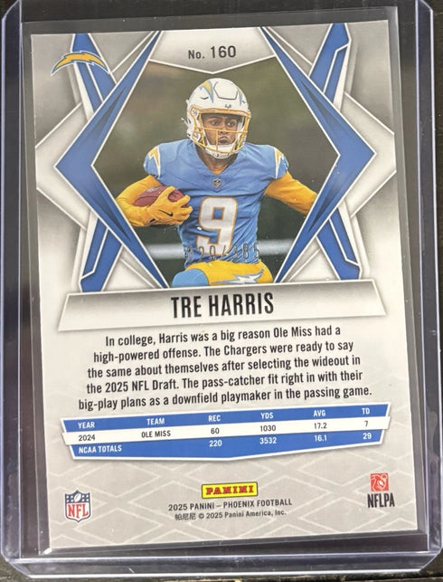 2025 Panini Phoenix - Rookies Tre Harris #160 Light Blue Pyramids /385 Chargers