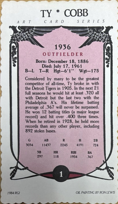 Ty Cobb 1984 Art Card Series