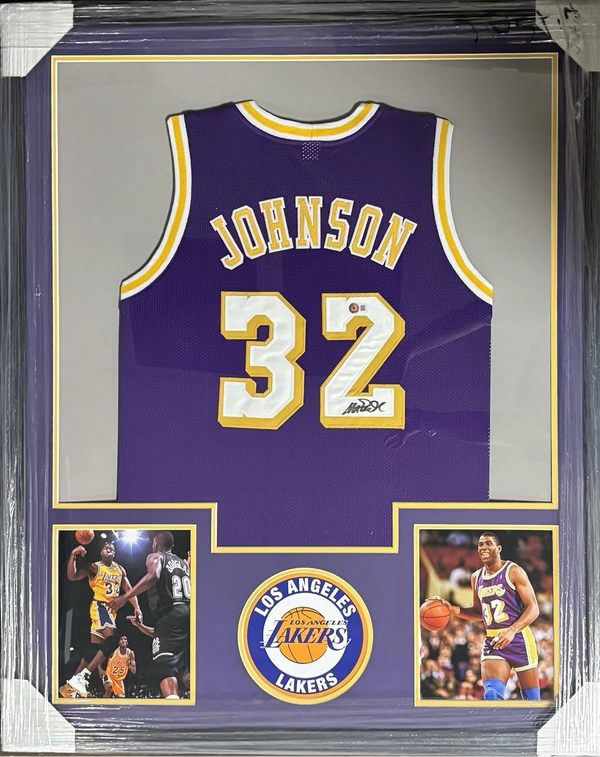 Magic Johnson Los Angeles Lakers Signed Custom Framed Jersey Beckett Coa