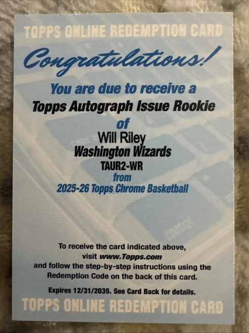2025-26 Topps Chrome - Autograph Issue Rookies Will Riley #TAUR2-WR (AU, RC)