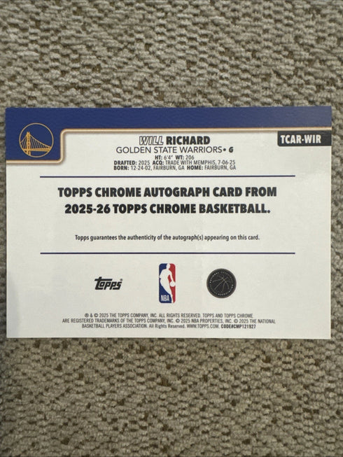 2025-26 Topps Chrome Will Richard Rookie Auto Green Refractor /99 Warriors MS2