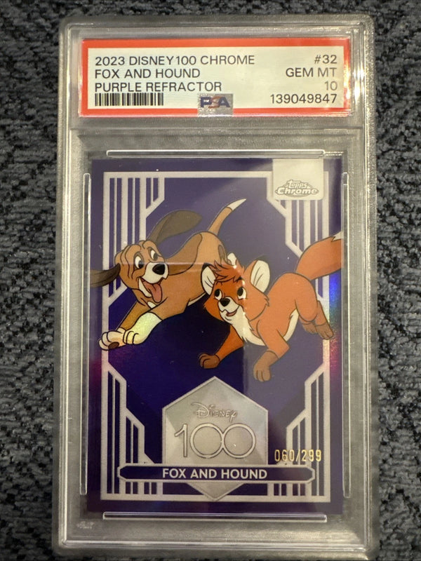 2023 TOPPS CHROME DISNEY100 PURPLE REFRACTOR #32 FOX AND HOUND /299 PSA 10
